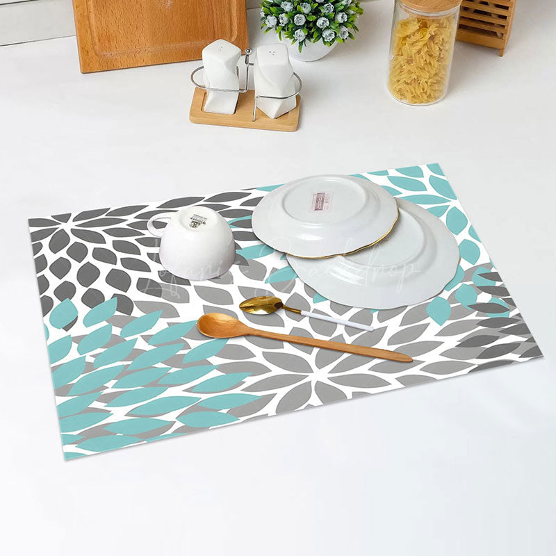 Lofaris Grey Cyan Abstract Floral Modern Set Of 4 Placemats