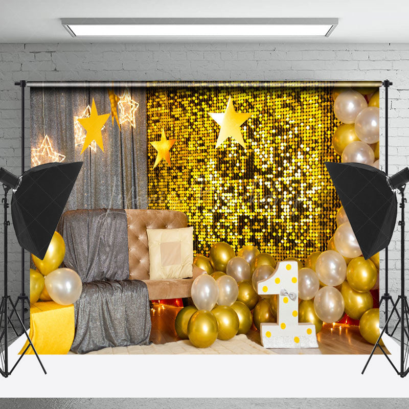 Lofaris Grey Gold Room Balloons Stars Cake Smash Backdrop