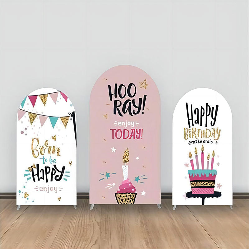 Lofaris Grey Pink Cakes Golden Candle Arch Backdrop Kit