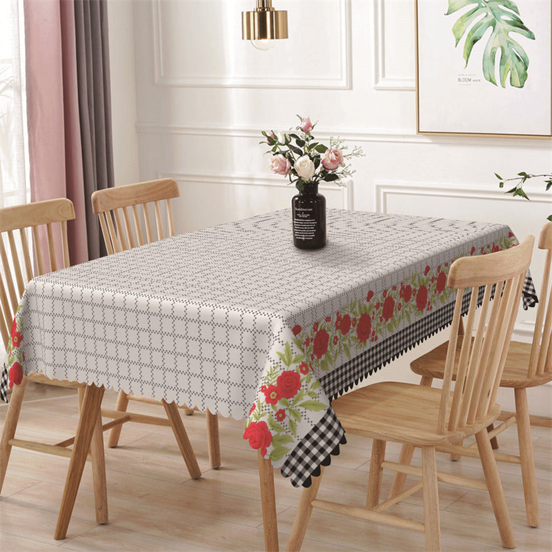 Lofaris Grey Plaid Red Floral Leaves Rectangle Tablecloth