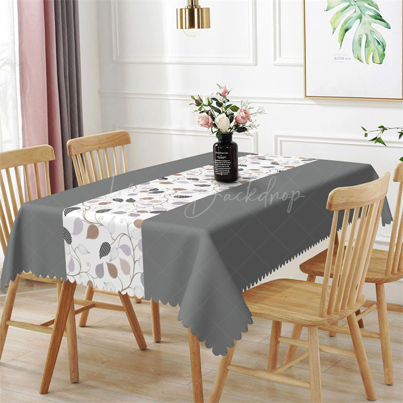 Lofaris Grey White Plant Leaves Spring Rectangle Tablecloth