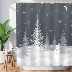 Lofaris Grey White Snowman Tree Christmas Shower Curtain