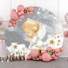 Lofaris Grey White Stars Cloud Angel Baby Baptism Backdrop