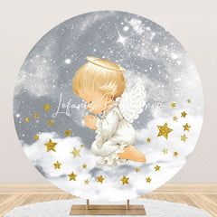 Lofaris Grey White Stars Cloud Angel Baby Baptism Backdrop