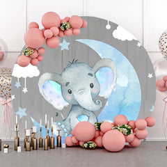 Lofaris Grey Wood Blue Elephant Round Baby Shower Backdrop