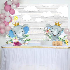 Lofaris Grey Wooden Wall Elephant Clouds Baby Shower Backdrop