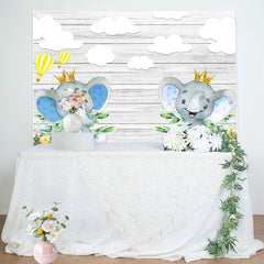 Lofaris Grey Wooden Wall Elephant Clouds Baby Shower Backdrop