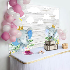 Lofaris Grey Wooden Wall Elephant Clouds Baby Shower Backdrop