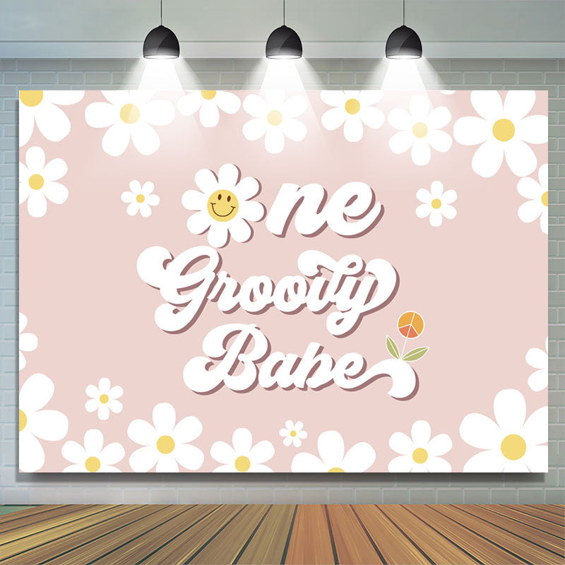 Lofaris Groovy Babe White Daisys Happy 1st Birthday Backdrop