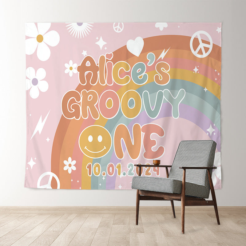 Lofaris Groovy Floral Rainbow Pink Custom 1st Birthday Backdrop