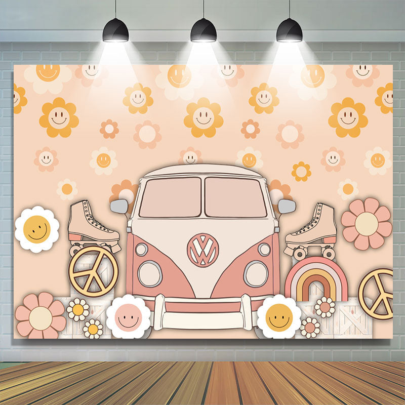 Lofaris Groovy Flowers Bus Roller Skates Birthday Backdrop