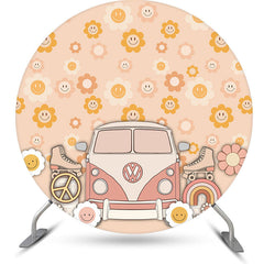 Lofaris Groovy Smiling Floral Bus Circle Birthday Backdrop