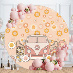 Lofaris Groovy Smiling Floral Bus Circle Birthday Backdrop