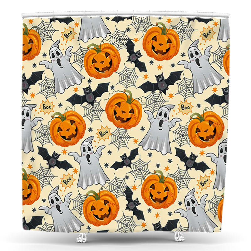 Lofaris Halloween Ghost Pumpkin Bat Cute Yellow Shower Curtain