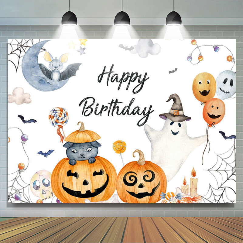 Lofaris Halloween Pumpkin Bat Cat Happy Birthday Backdrop