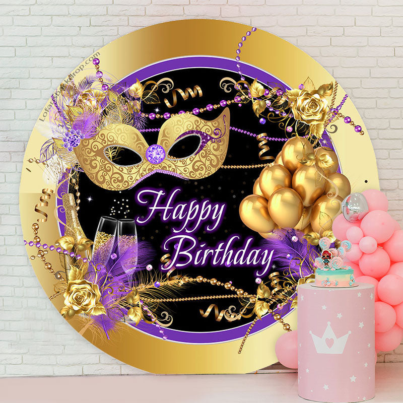 Happy Birthday Gold Mask Balloon Round Backdrop Lofaris 5996