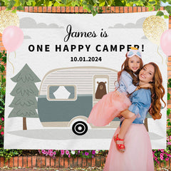 Lofaris Happy Camper Bear Grey Custom 1st Birthday Backdrop