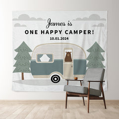 Lofaris Happy Camper Bear Grey Custom 1st Birthday Backdrop