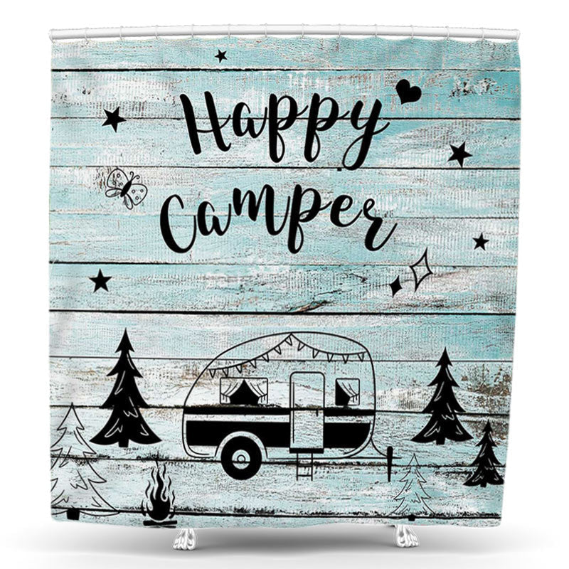 Lofaris Happy Camper Mint Green Wood Shower Curtain for Family