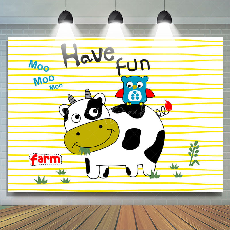 Lofaris Have Fun Cute Cow Owl Farm Stripe Birthday Backdrop