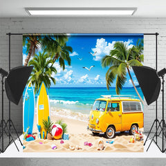 Lofaris Hawaii Beach Blue Sky Bus Surfboard Summer Backdrop