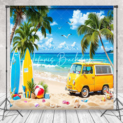 Lofaris Hawaii Beach Blue Sky Bus Surfboard Summer Backdrop