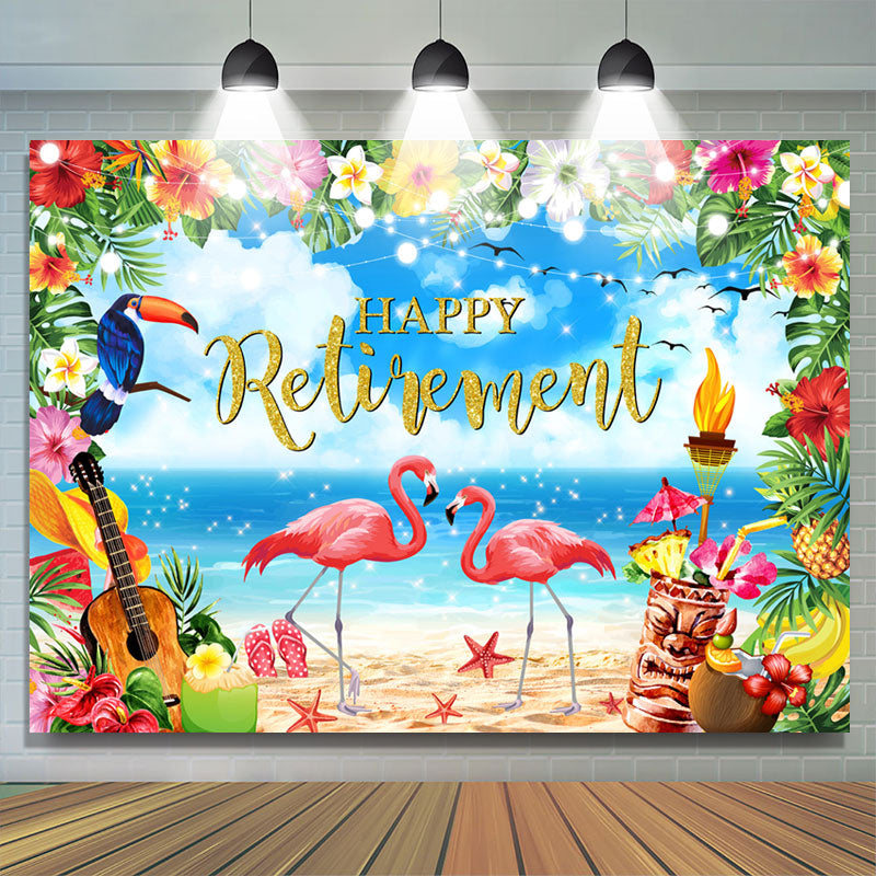 Hawaii Sand Flower Flamingo Happy Retirement Backdrop - Lofaris