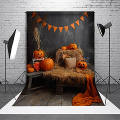 Lofaris Hay Orange Pumpkins Wooden Floor Halloween Backdrop