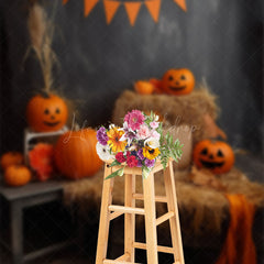 Lofaris Hay Orange Pumpkins Wooden Floor Halloween Backdrop