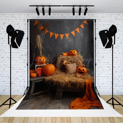 Lofaris Hay Orange Pumpkins Wooden Floor Halloween Backdrop