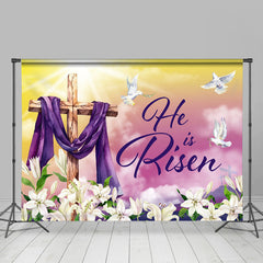 Lofaris He Is Risen Cross Purple Cloth Lily Easter Backdrop