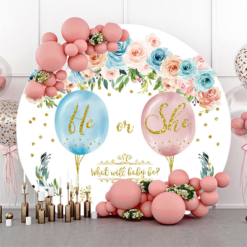 Lofaris He Or She Floral White Round Gender Reveal Backdrop