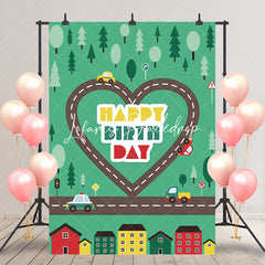 Lofaris Heart Road Cars Forest Town Happy Birthday Backdrop