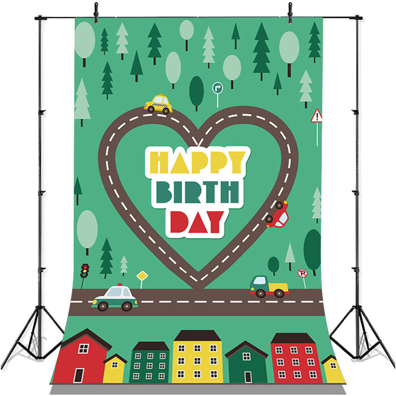 Lofaris Heart Road Cars Forest Town Happy Birthday Backdrop