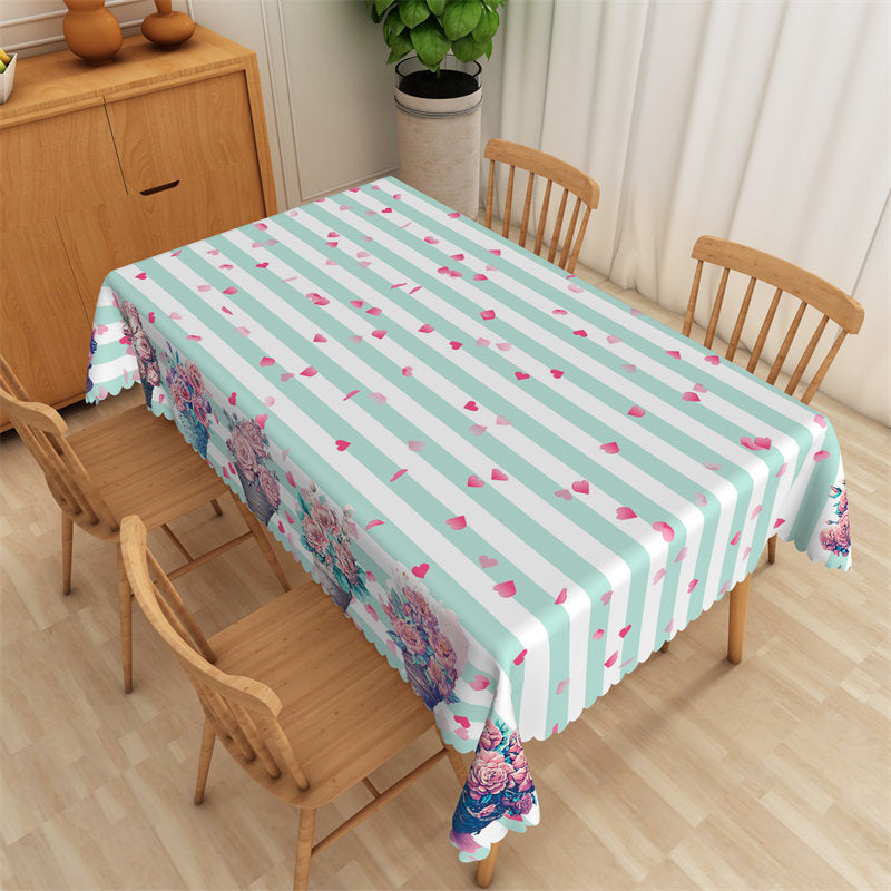 Lofaris Heart Shaped Petals Green Stripes Floral Tablecloth