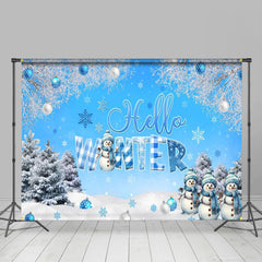 Lofaris Hello Winter Snowflake Snowman Pine Blue Backdrop