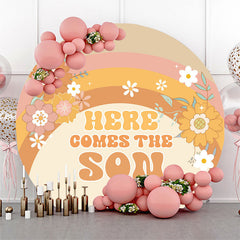 Lofaris Here Comes Son Rainbow Floral Round Baby Shower Backdrop