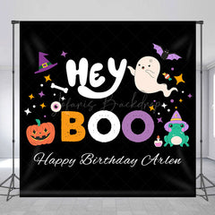 Lofaris Hey Boo Black Halloween Custom Name Birthday Backdrop