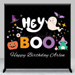 Lofaris Hey Boo Black Halloween Custom Name Birthday Backdrop