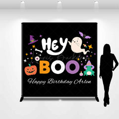 Lofaris Hey Boo Black Halloween Custom Name Birthday Backdrop