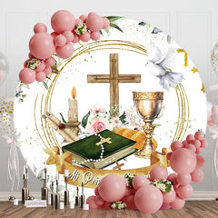 Lofaris Holy Cross Book Dove Floral Round Baptism Backdrop