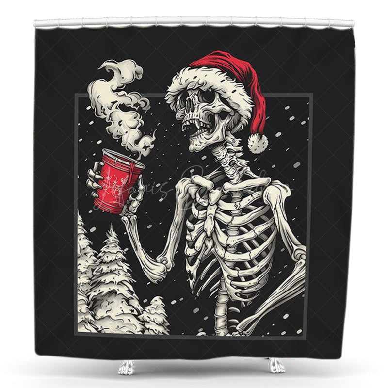 Lofaris Hot Drinks Skeleton Snowy Christmas Shower Curtain