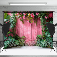 Lofaris Hot Pink Wall Green Monstera Summer Forest Backdrop