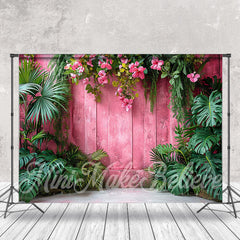 Lofaris Hot Pink Wall Green Monstera Summer Forest Backdrop