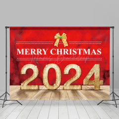 Lofaris Hot Red Merry Christmas 2024 Gold Bow Holiday Backdrop