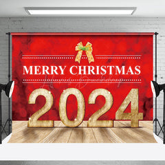 Lofaris Hot Red Merry Christmas 2024 Gold Bow Holiday Backdrop