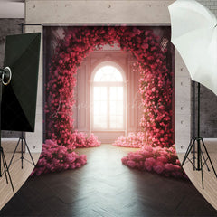 Lofaris Indoor Room Arch Pink Floral Window Photo Backdrop