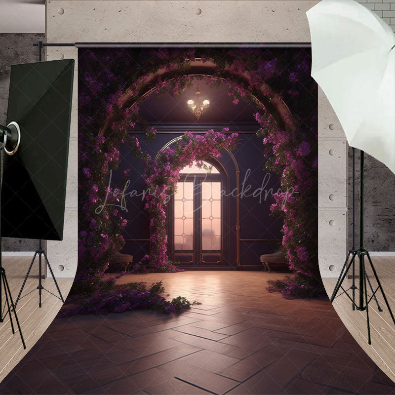 Lofaris Indoor Room Arch Purple Floral Window Photo Backdrop