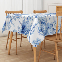 Lofaris Ink Blue Color Floral Bird Art Rectangle Tablecloth