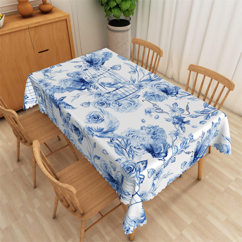 Lofaris Ink Blue Color Floral Bird Art Rectangle Tablecloth